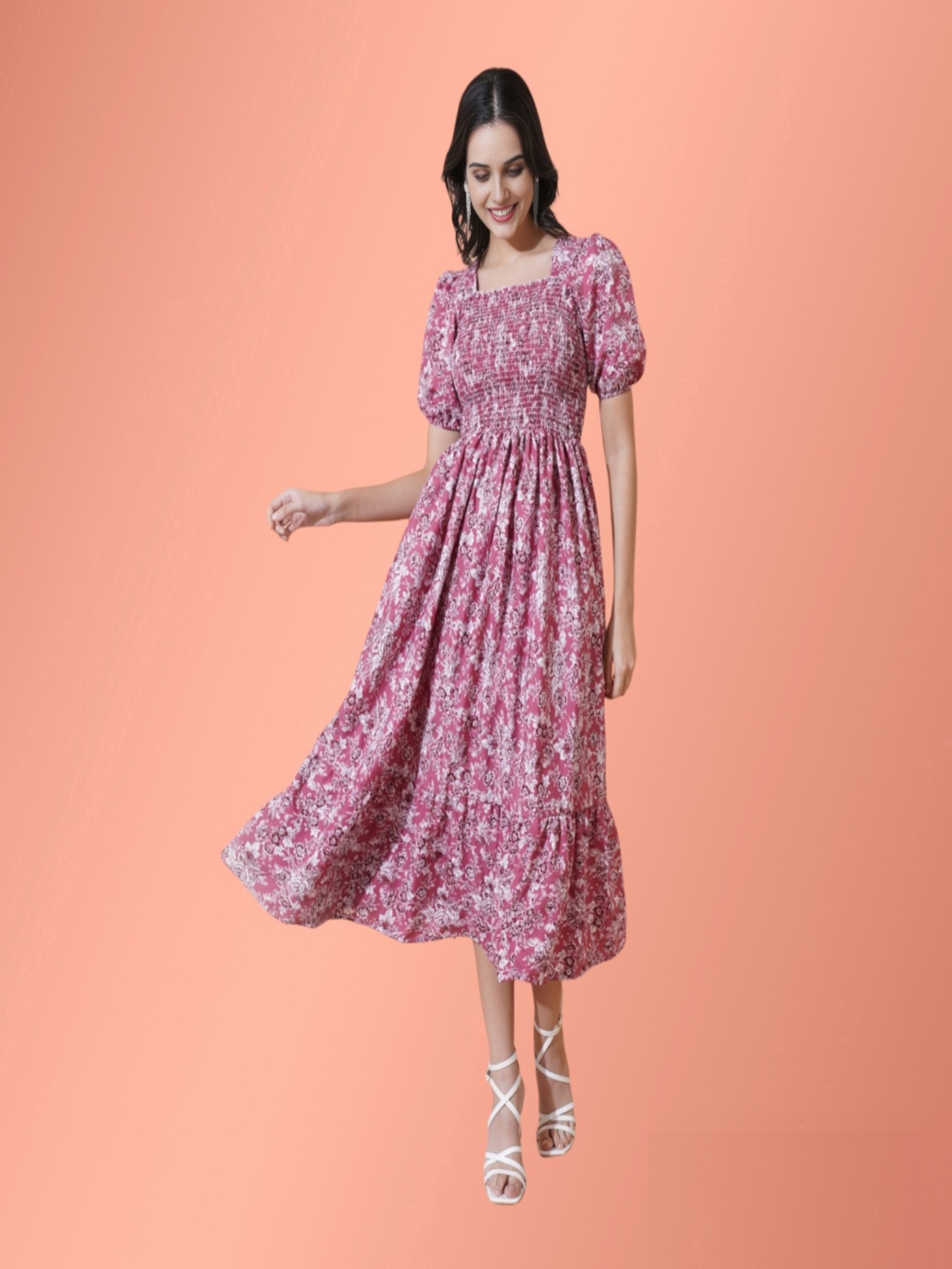 

Krunal Raiyani Women Floral Printed Fit & Flare Midi Dress, Pink