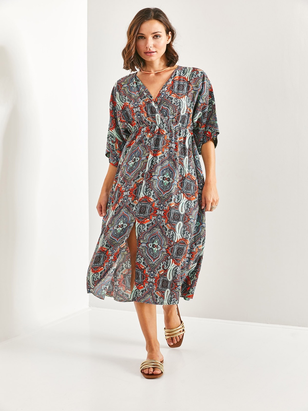 

BIANCO LUCCI Ethnic Motifs Printed A-Line Mini Dress, Grey