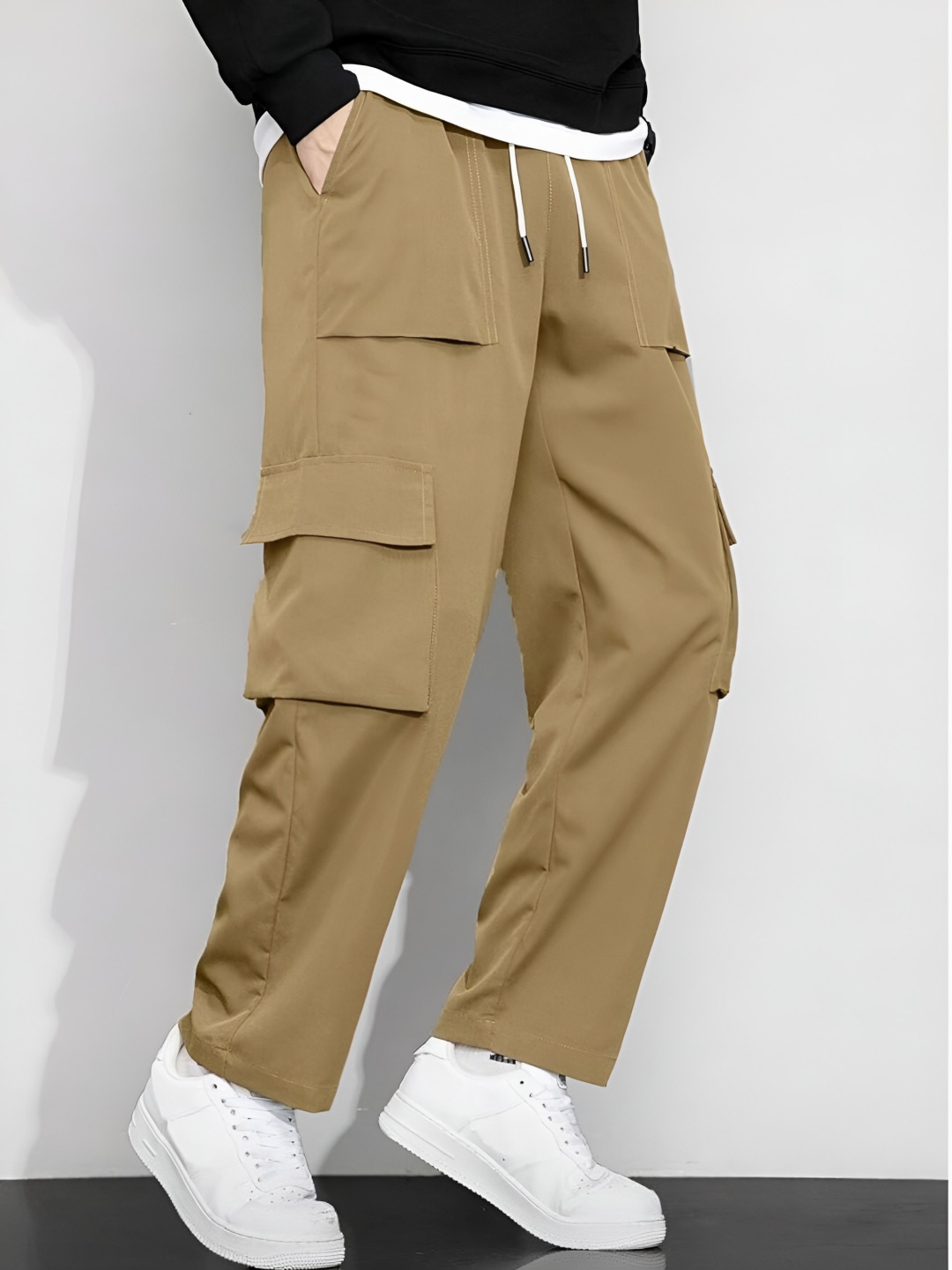

Trillmixa Men Smart Loose Fit High-Rise Wrinkle Free Cargos Trousers, Beige