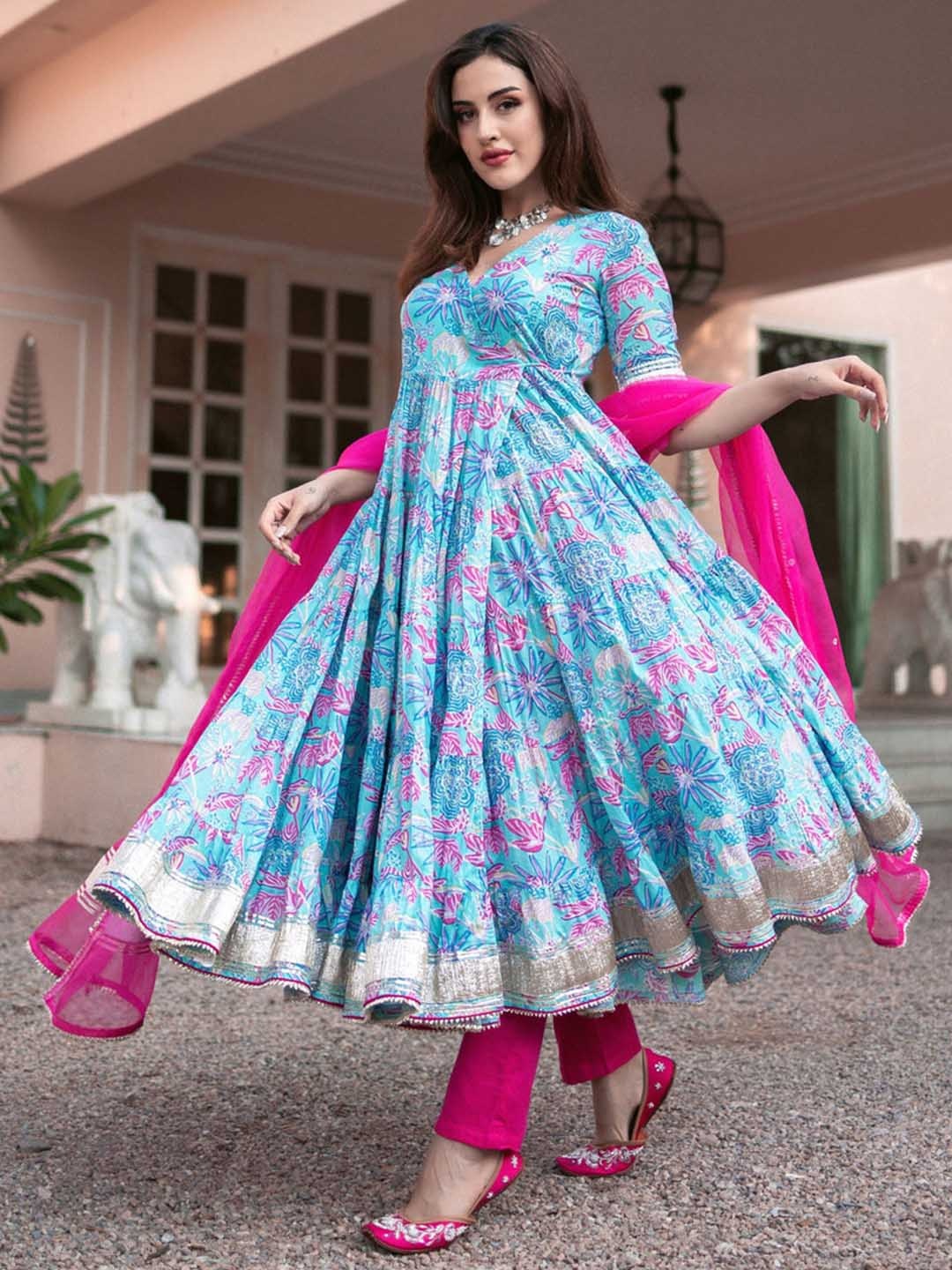 

KALINI Floral Printed Empire Pure Cotton Kurta with Trousers With Dupatta, Blue