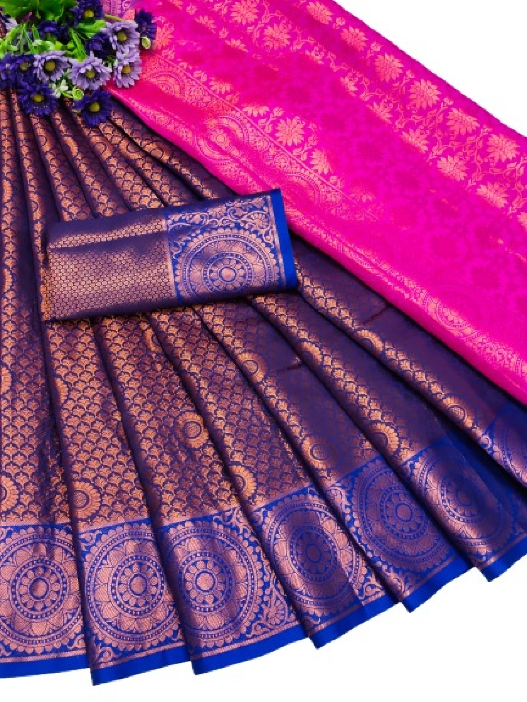 

QENY Woven Design Zari Banarasi Saree, Navy blue