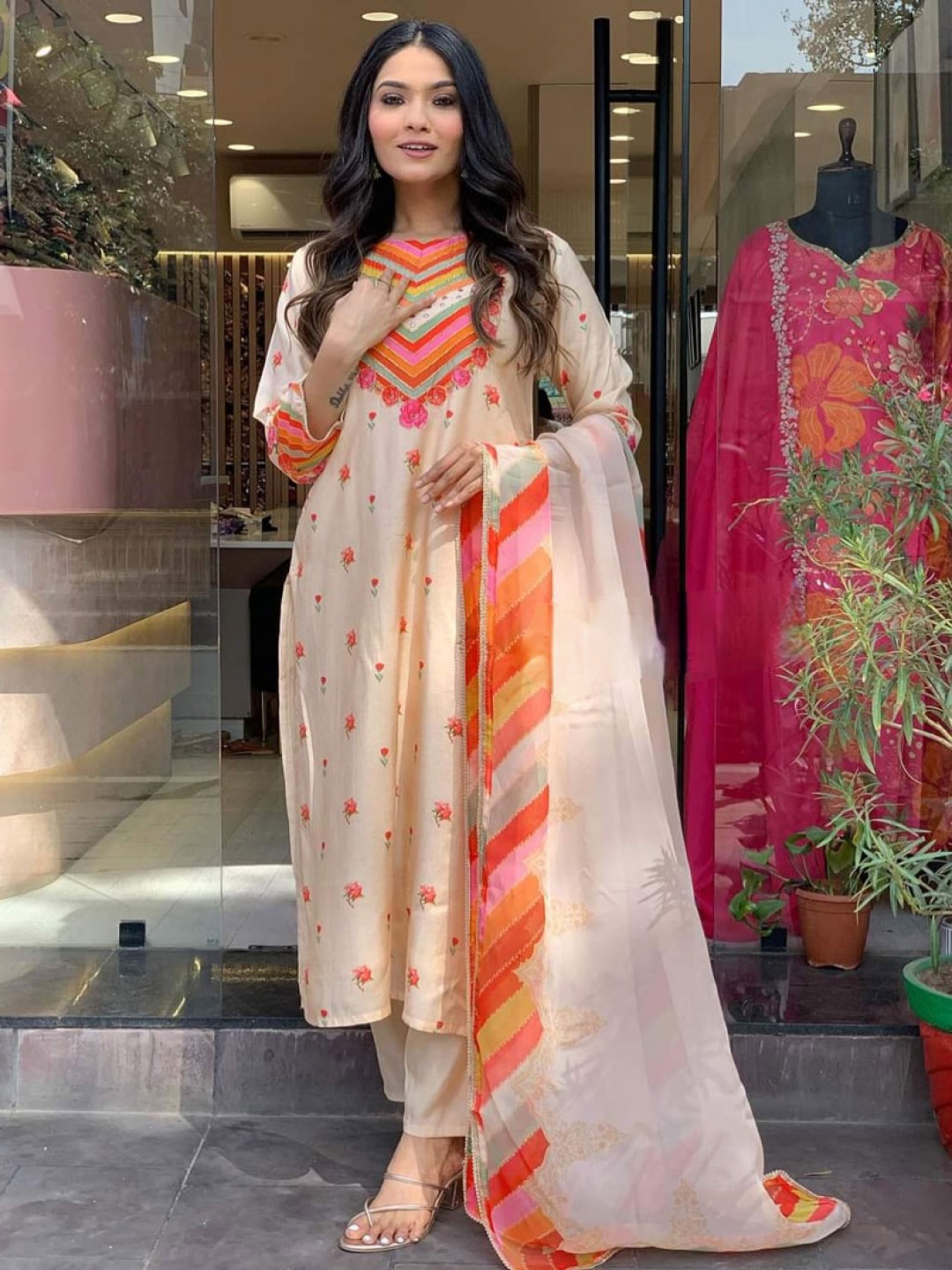 

Lilots Round Neck Floral Printed Sequinned Kurta with Trouser & Dupatta, Cream