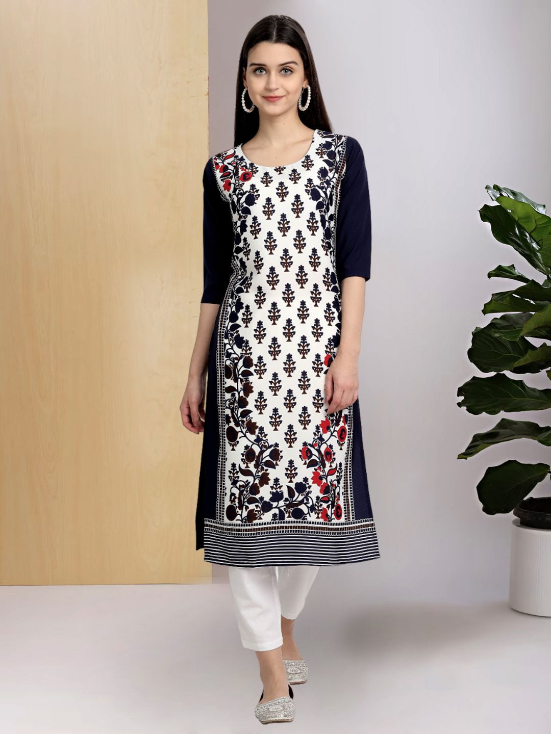

7Threads Floral Printed Round Neck Machine Weave Straight Kurta, Blue