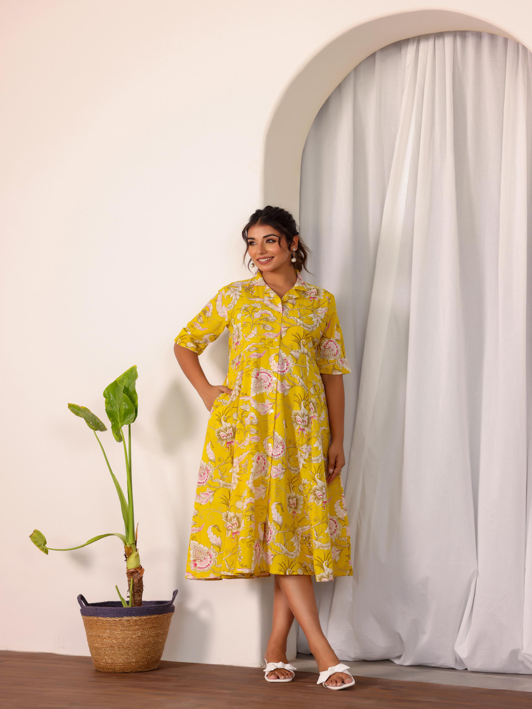 

FLAVIA CREATION Printed Shirt Midi Dress, Yellow