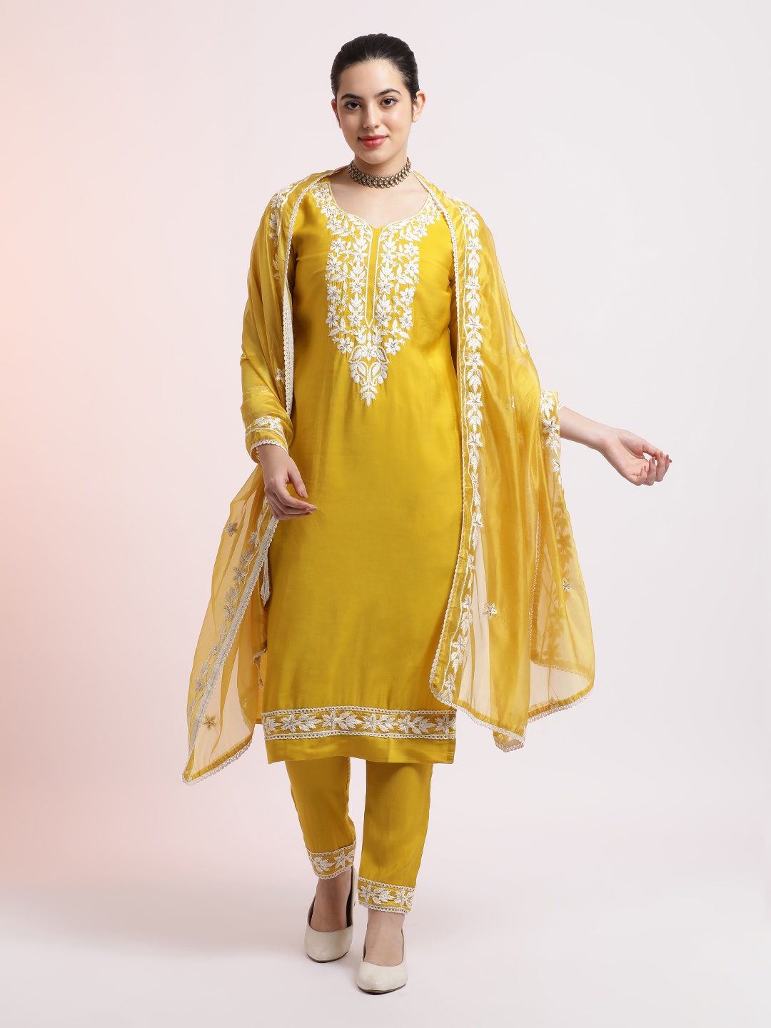 

Jaipur Kurti Floral Embroidered Festive Kurta Set With Dupatta, Mustard