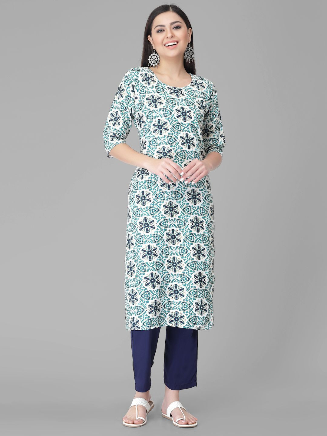 

7Threads Ethnic Motifs Printed Round Neck Straight Kurta With Trousers, White