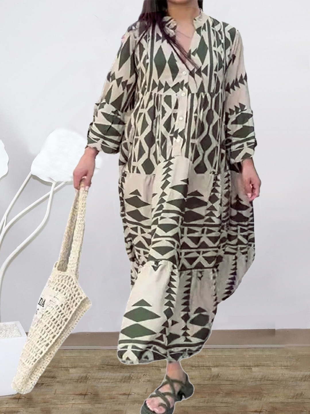 

KPOP Women Geomatric Printed Shirt Maxi Dress, Green
