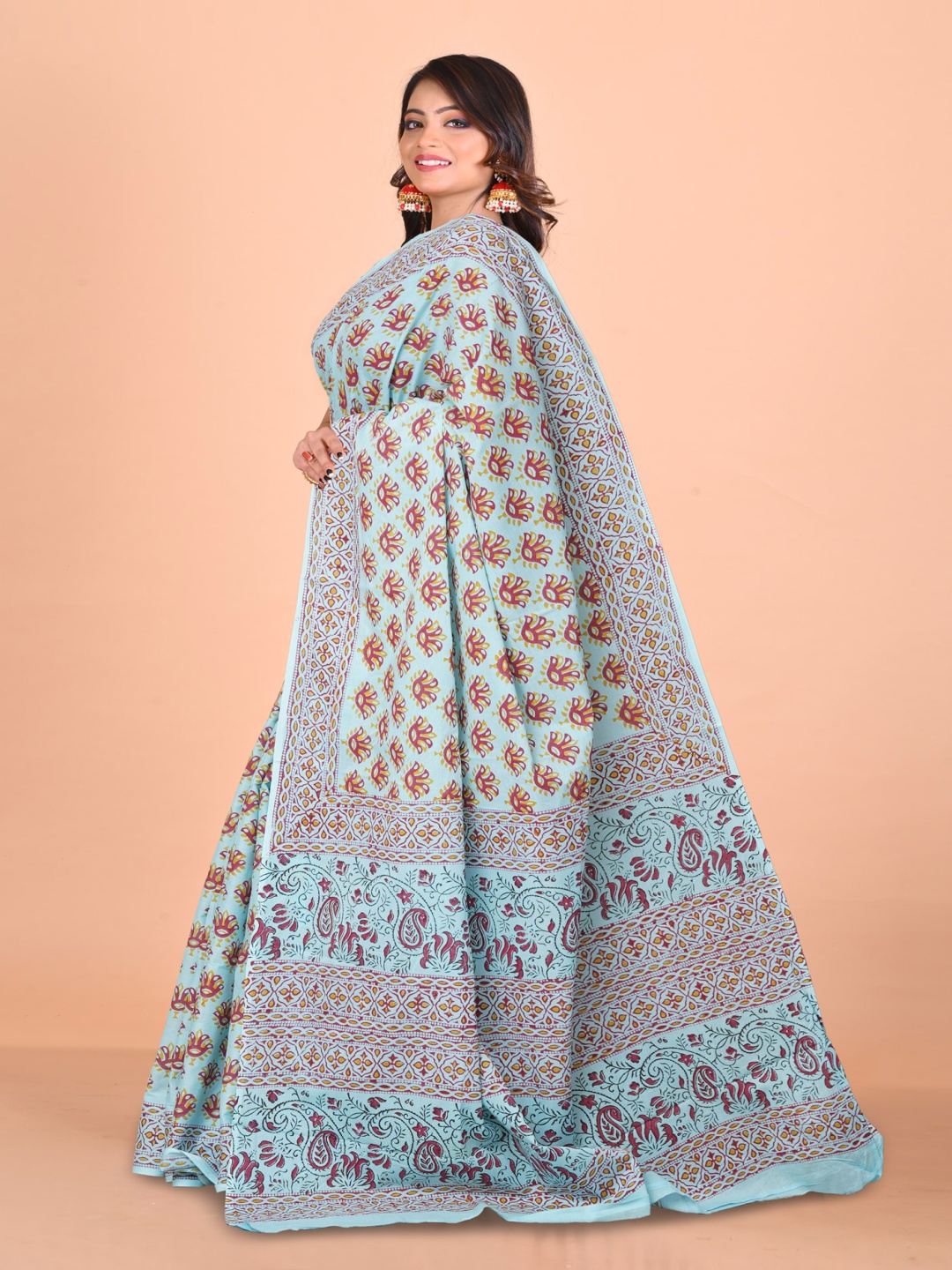 

Unnati Silks Pure Cotton Handloom Block Print Saree, Blue