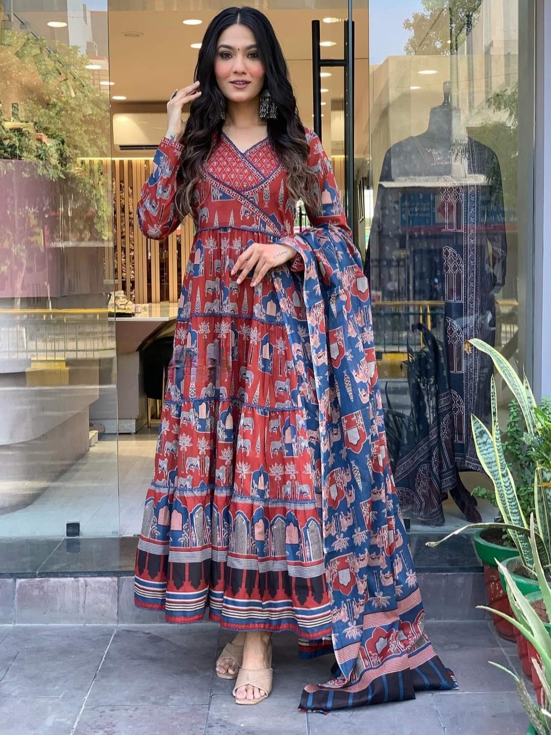 

THE52 Ethnic Motifs Printed Pure Cotton Anarkali Kurta with Trousers & Dupatta, Red
