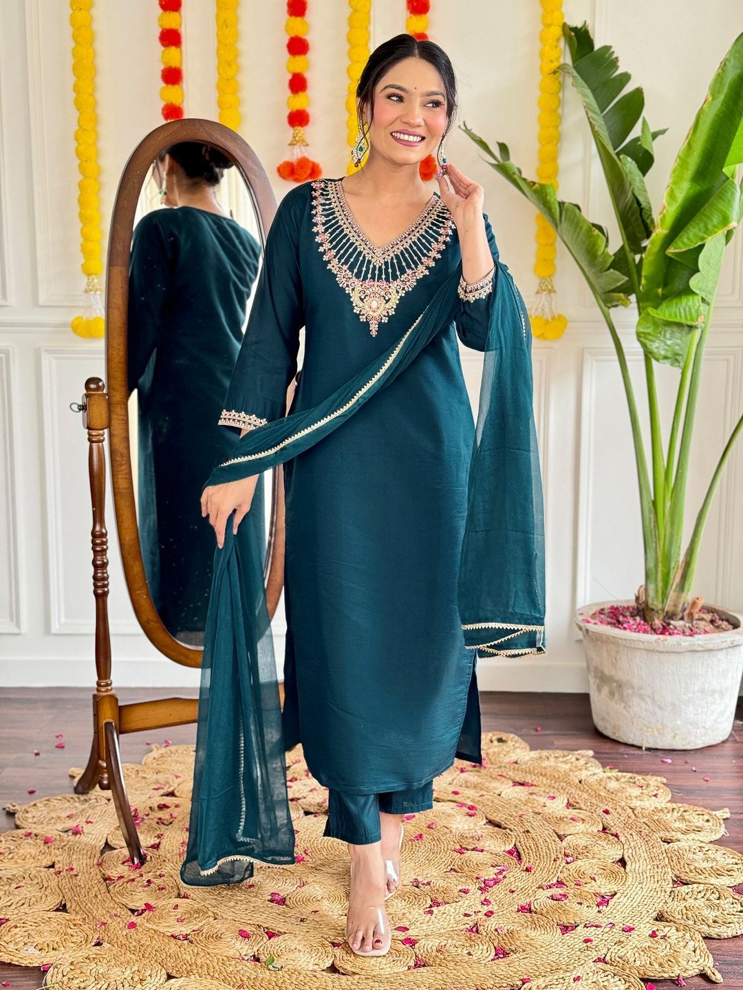

REALLTREND Ethnic Motifs Embroidered V-Neck Kurta With Trouser And Dupatta, Blue