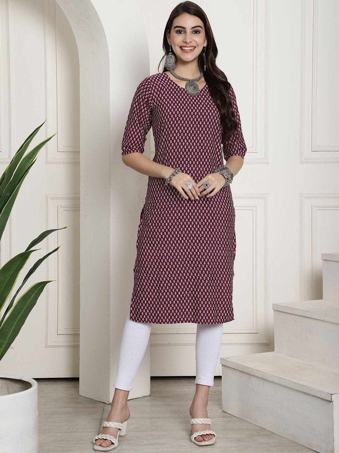 

7Threads Selection Of 6 Ethnic Motifs Printed Crepe Straight Kurtas, Maroon