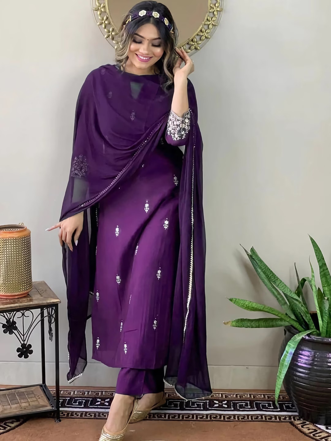 

KALINI Women Floral Embroidered Regular Kurta with Trousers & With Dupatta, Purple