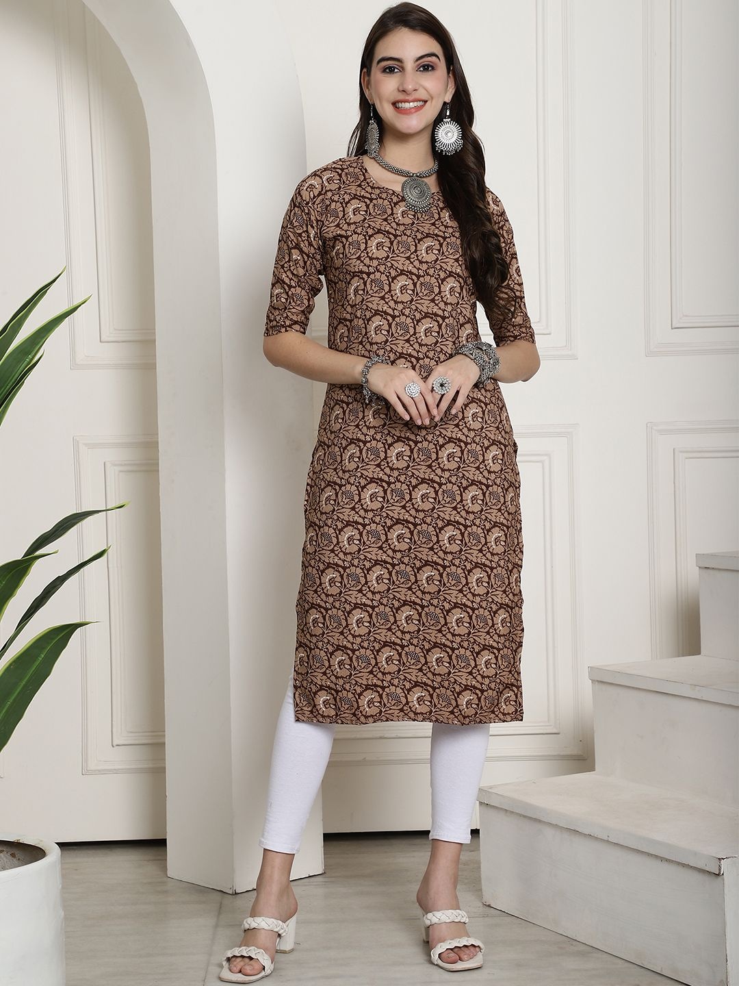 

7Threads Selection Of 6 Ethnic Motifs Printed Crepe Straight Kurtas, Brown