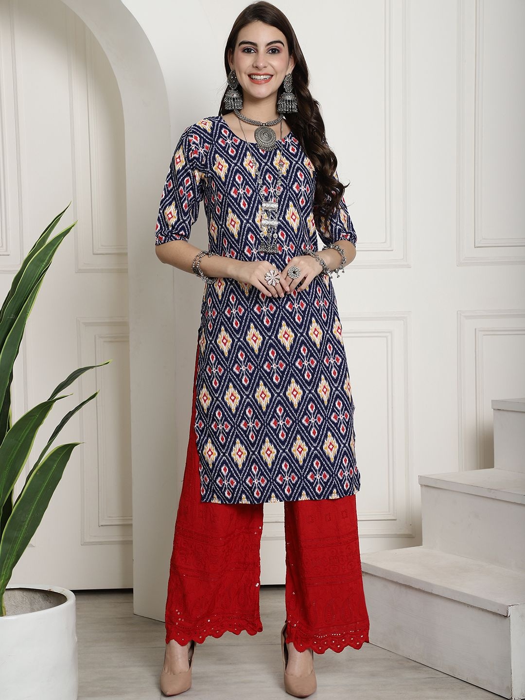 

7Threads Selection 0f 6 Ethnic Motifs Printed Round Neck Straight Crepe Kurta, Navy blue