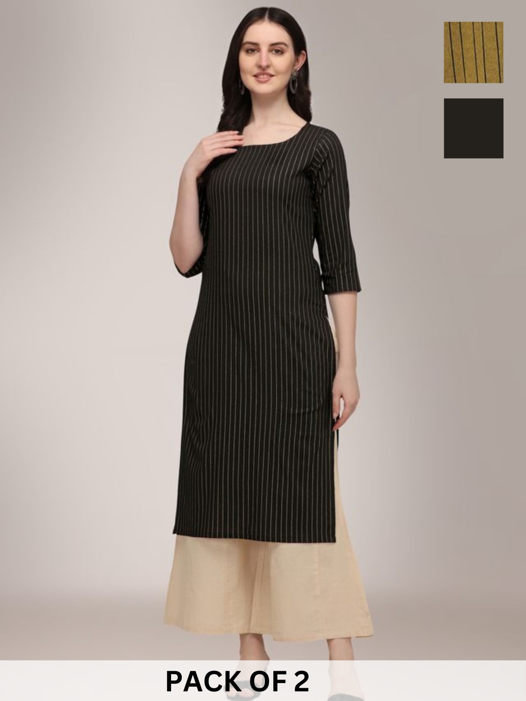 

KALINI Selection Of 2 Striped Round Neck Machine Weave Straight Kurta, Black