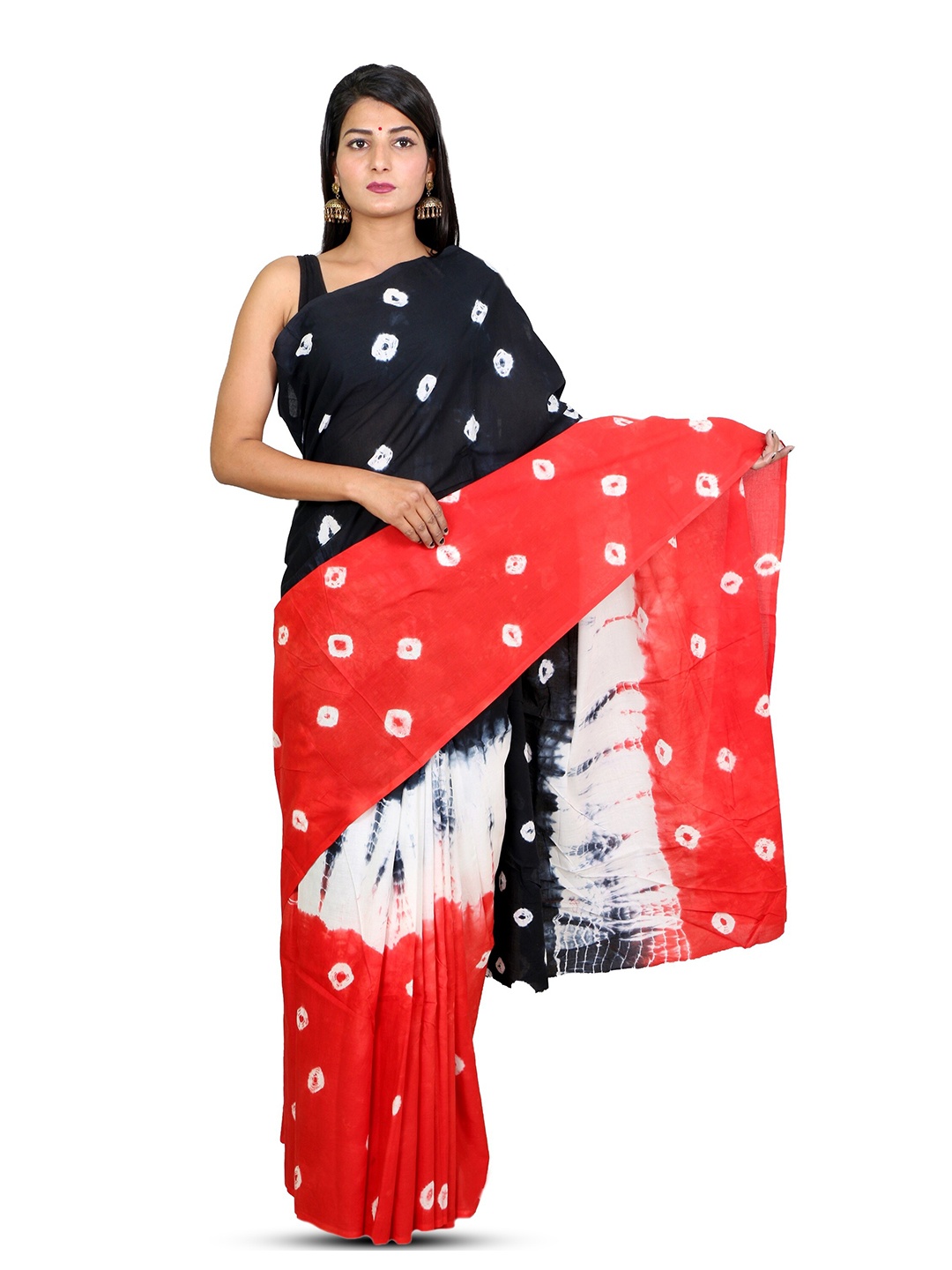 

THE FAMILIAR HANDICRAFTS Bandhani Pure Cotton Ikat Saree, Red