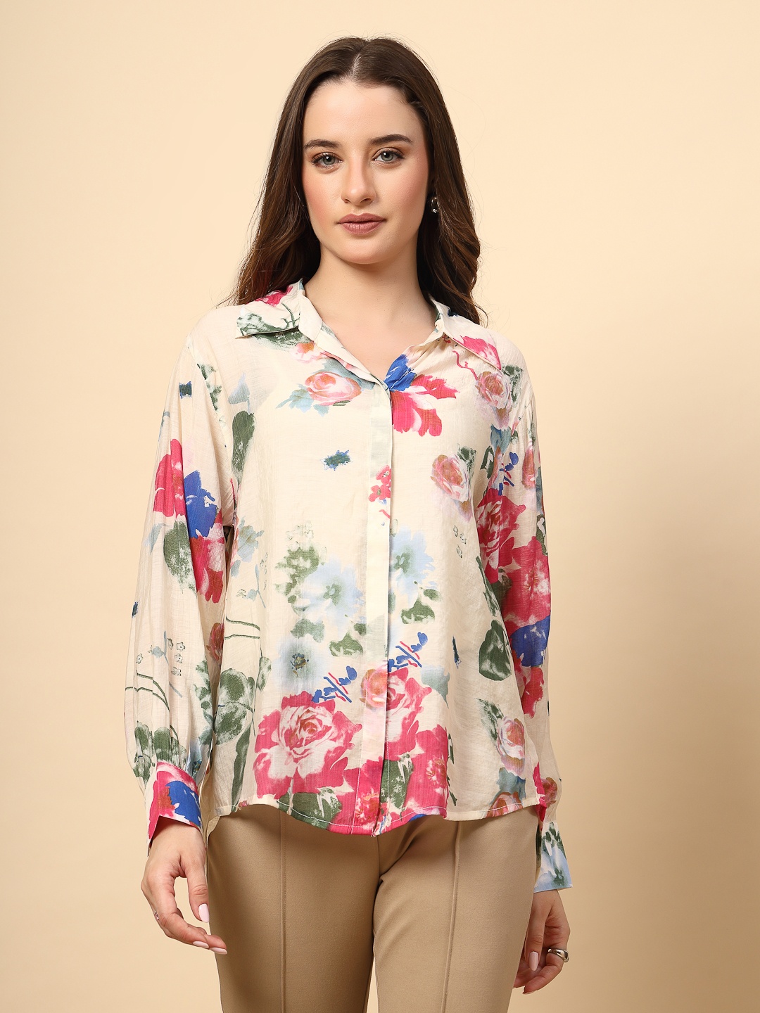 

Gipsy Women Floral Printed Spread Collar Casual Shirt, Cream