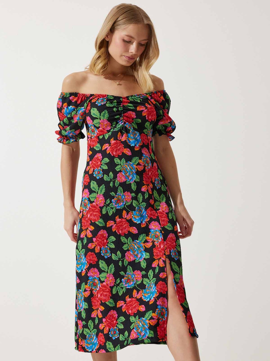 

Happiness istanbul Floral Print Off-Shoulder A-Line Dress, Black