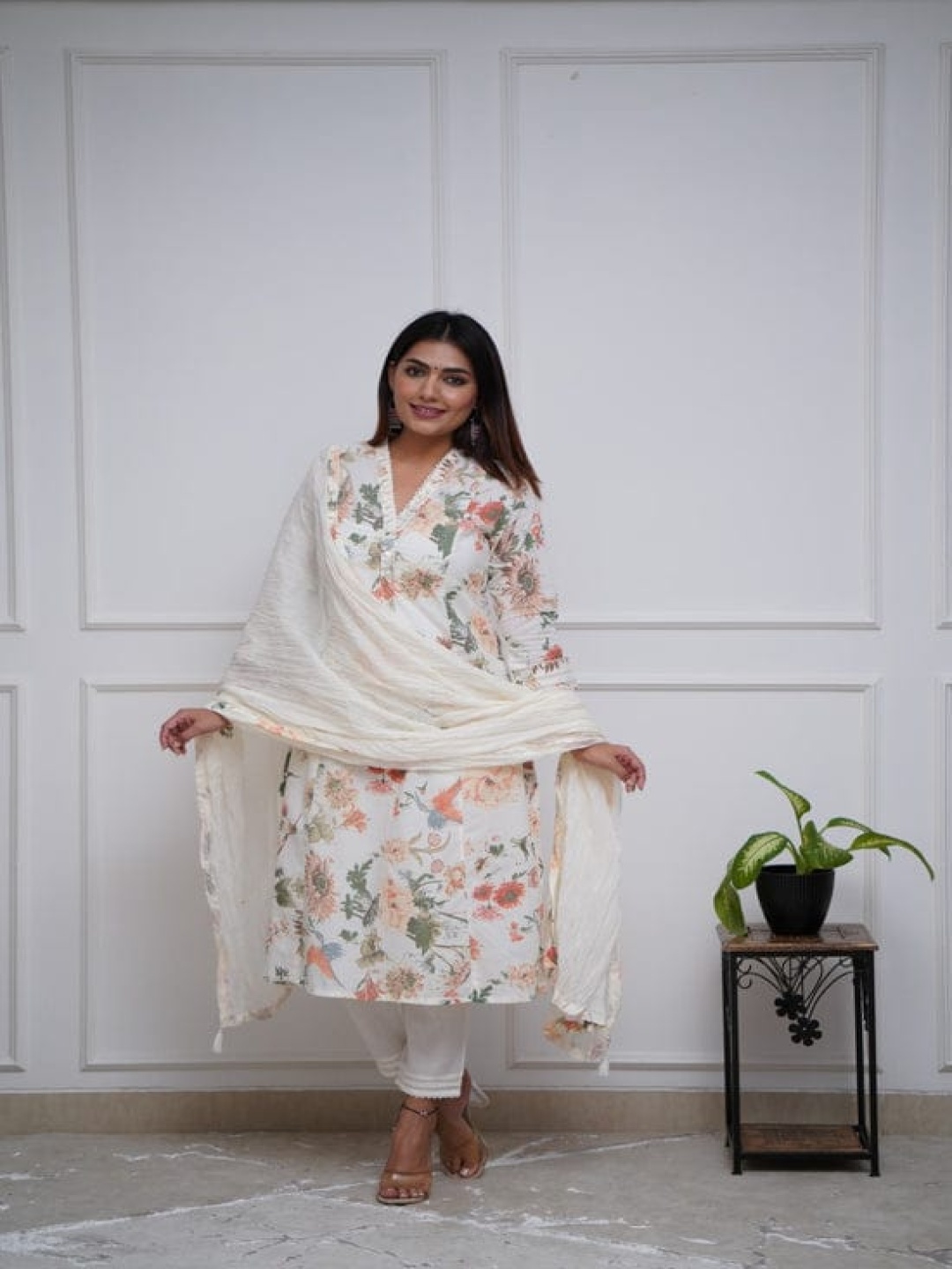 

FCV Floral Printed Mirror Work A-Line Kurta With Trousers & Dupatta, White
