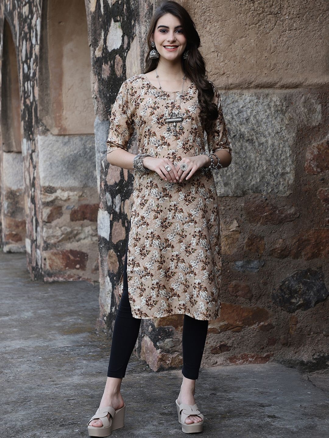 

7Threads Selections of 6 Ethnic Motifs Printed Straight Kurta, Beige