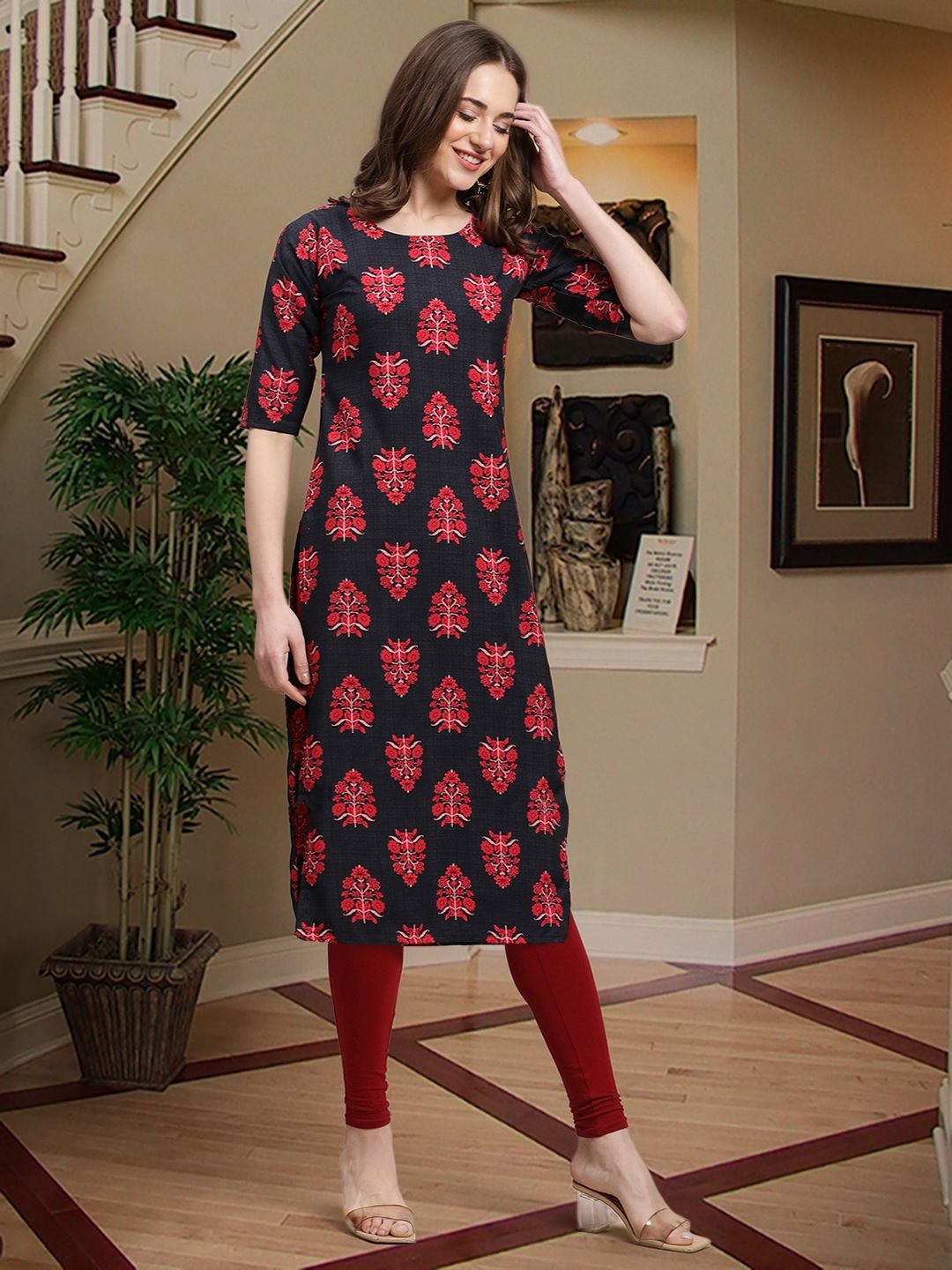 

7Threads Ethnic Motifs Printed Straight Kurta, Black