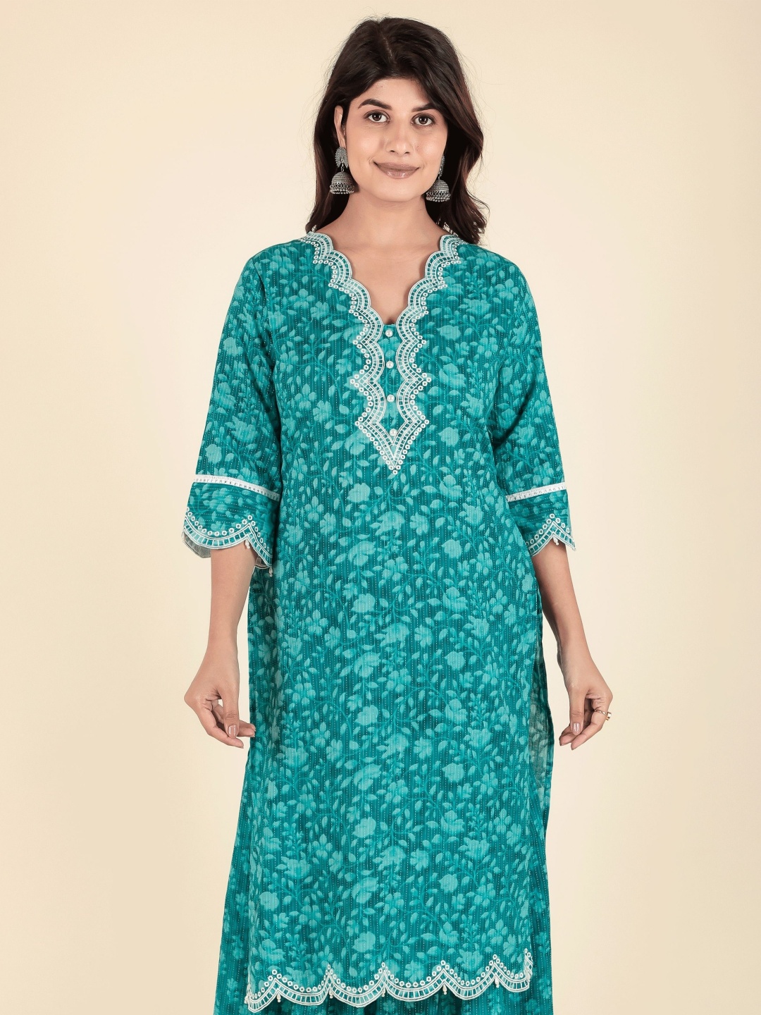 

Aramya Floral Printed V-Neck Straight Cotton Kurta, Turquoise blue