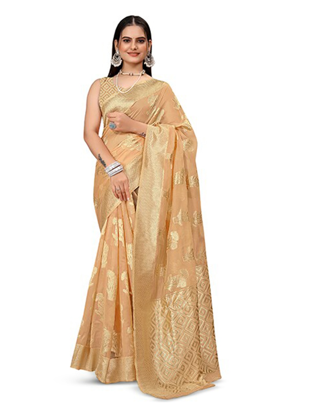 

Aagiri Woven Design Zari Organza Banarasi Saree, Peach