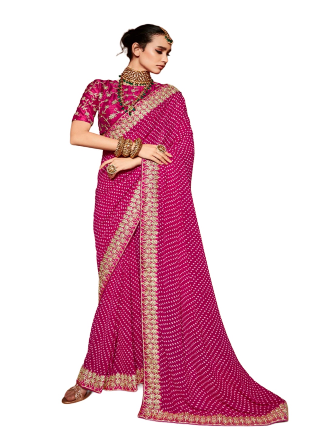 

CHUDIYA Polka Dots Printed Embroidered Pure Georgette Saree, Pink