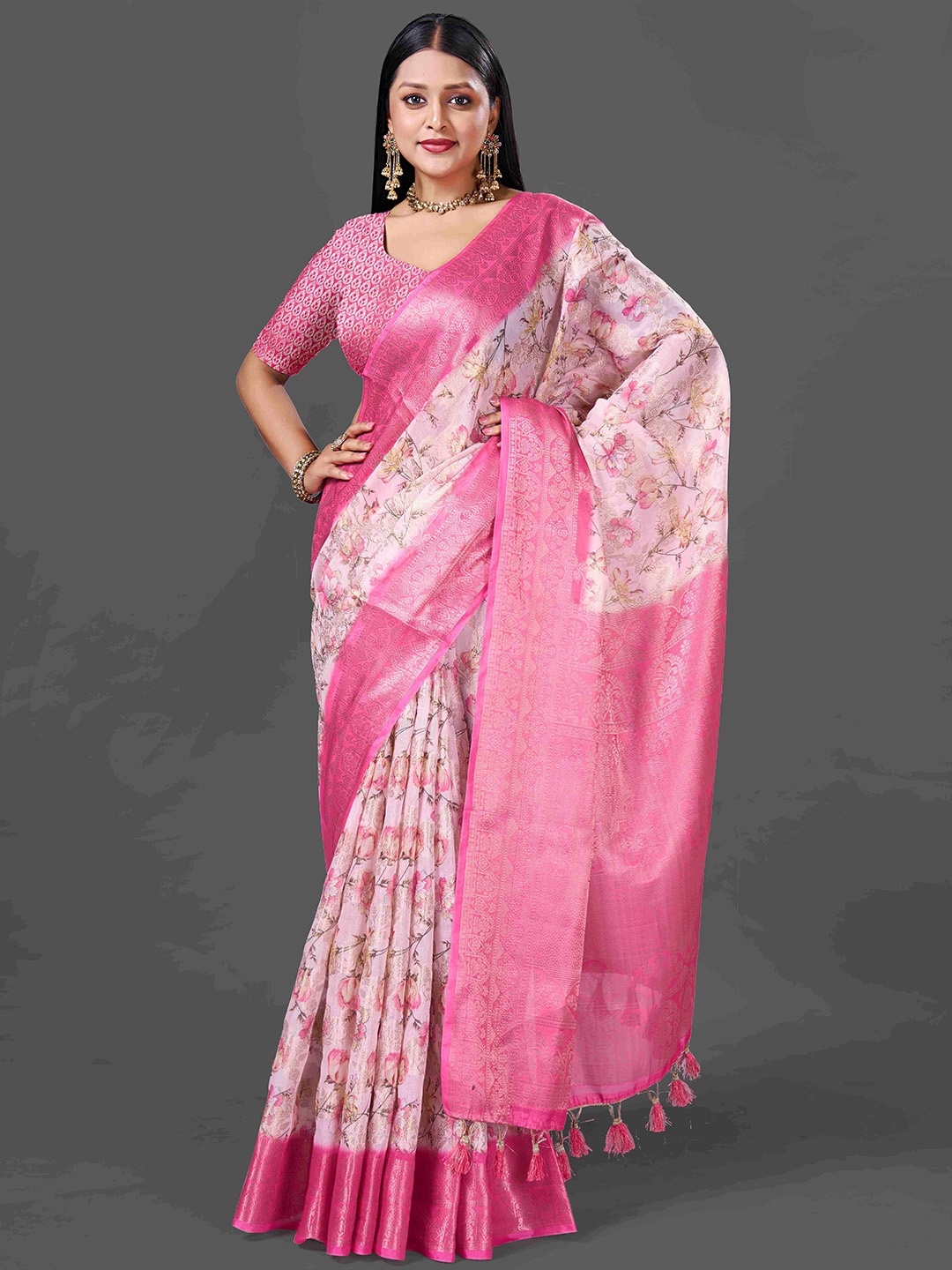 

HEER FASHION Floral Zari Silk Blend Saree, Pink