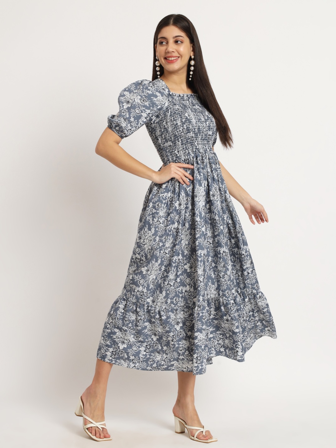 

Raiyani Enterprise Floral Printed Fit & Flare Midi Dress, Grey