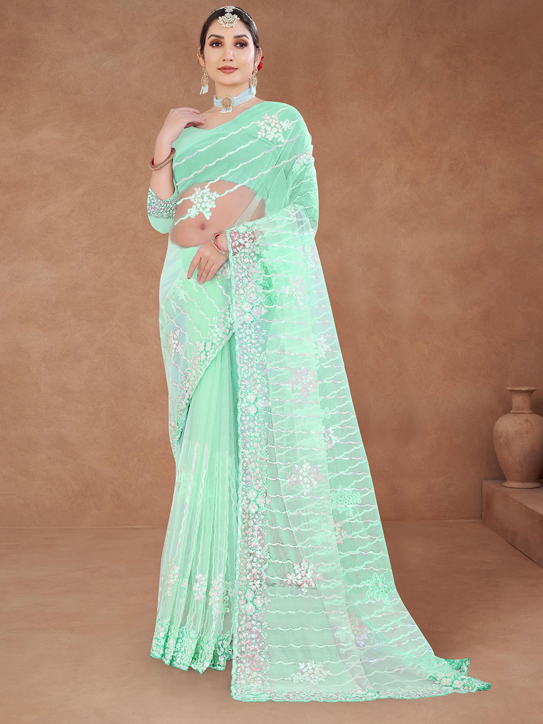

Sitanjali Embellished Sequinned Net Maheshwari Saree, Turquoise blue