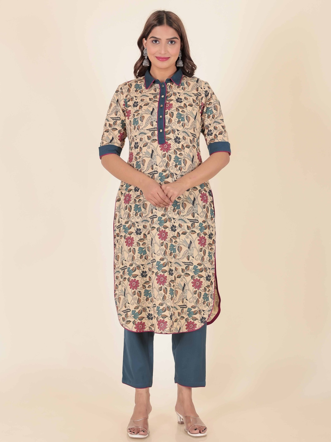 

Aramya Floral Printed Shirt Collar Linen Cotton Pathani Kurta With Trousers, Beige