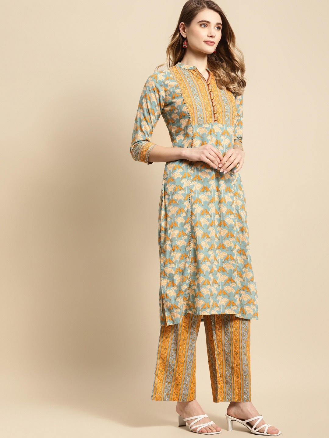 

Anouk Beige Floral Printed Mandarin Collar Pure Cotton Straight Kurta With Palazzo