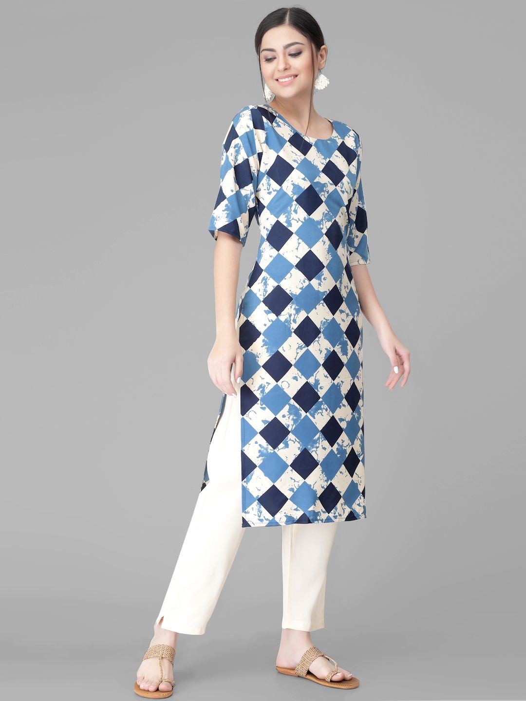 

7Threads Geometric Printed Round Neck Straight Kurta With Trousers, White