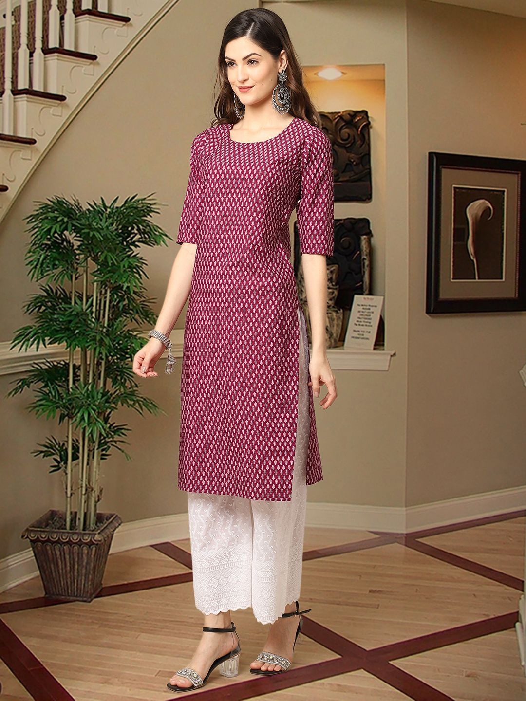 

7Threads Ethnic Motifs Printed Straight Kurta, Purple