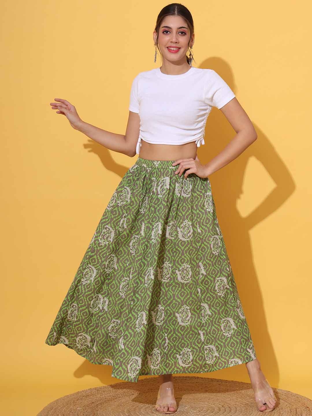 

KALINI Printed Flared Maxi Skirts, Green
