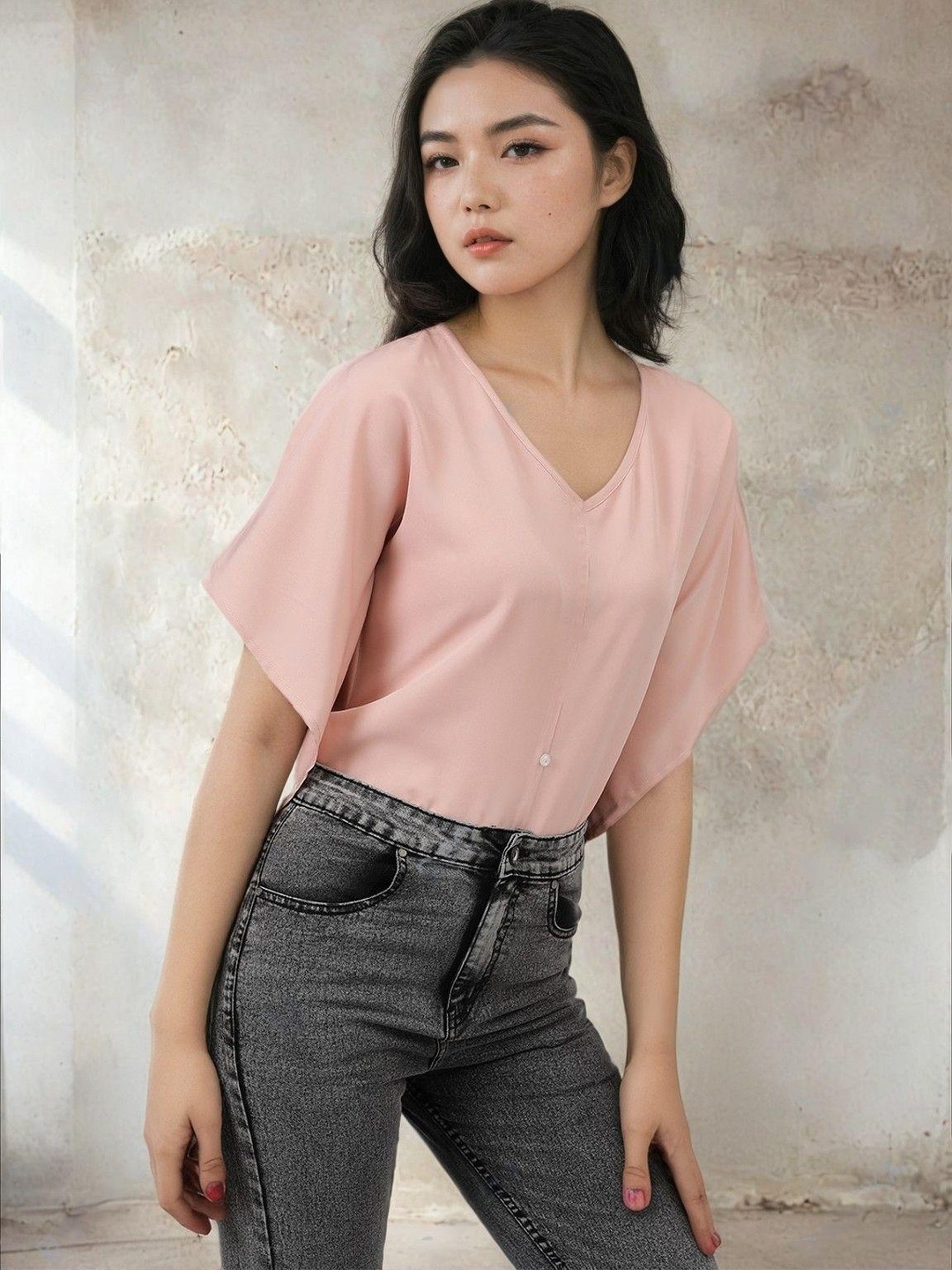 

Kotty Women Flared Sleeve Crepe Boxy Top, Pink