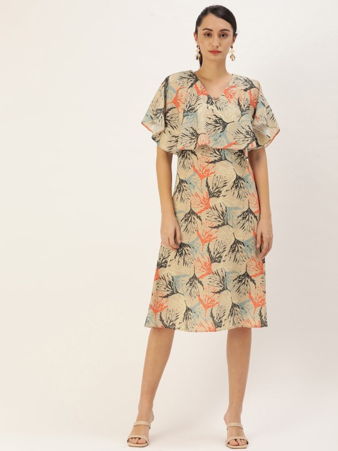 

MELOSO Tropical Print Layered Fit & Flare Maxi Dress, Khaki