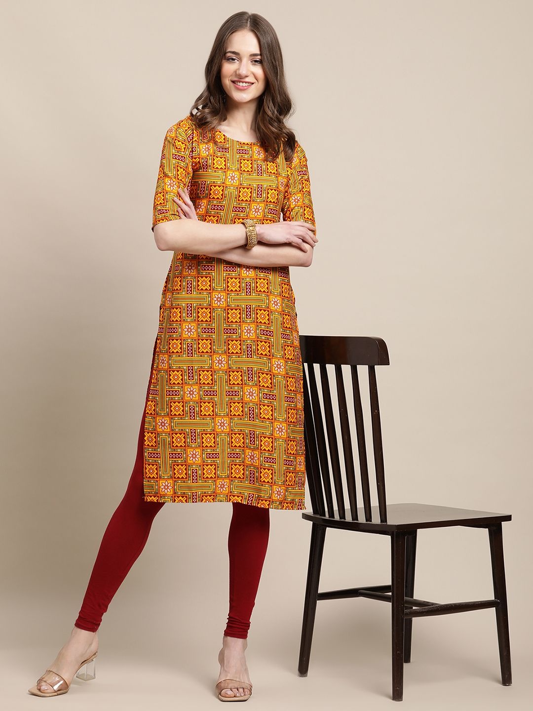 

7Threads Selection Of 4 Ethnic Motifs Printed Round Neck Straight Kurta, Mustard