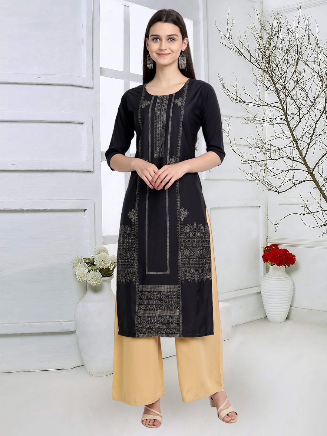 

7Threads Geometric Printed Round Neck Machine Weave Straight Kurta, Black