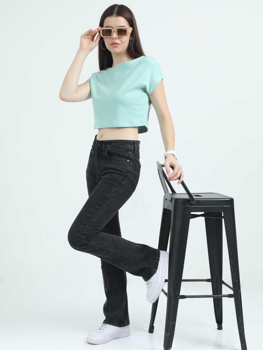 

Mast & Harbour Women Comfort Bootcut High-Rise Light Fade Stretchable Jeans, Black