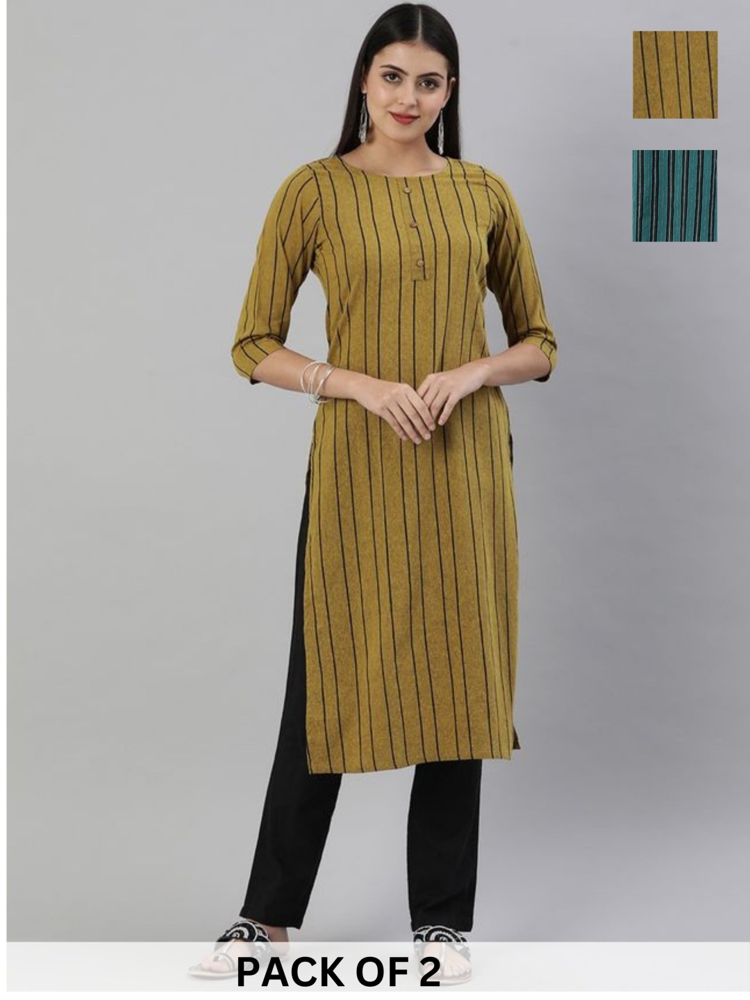 

KALINI Selection Of 2 Striped Round Neck Machine Weave Straight Kurta, Mustard