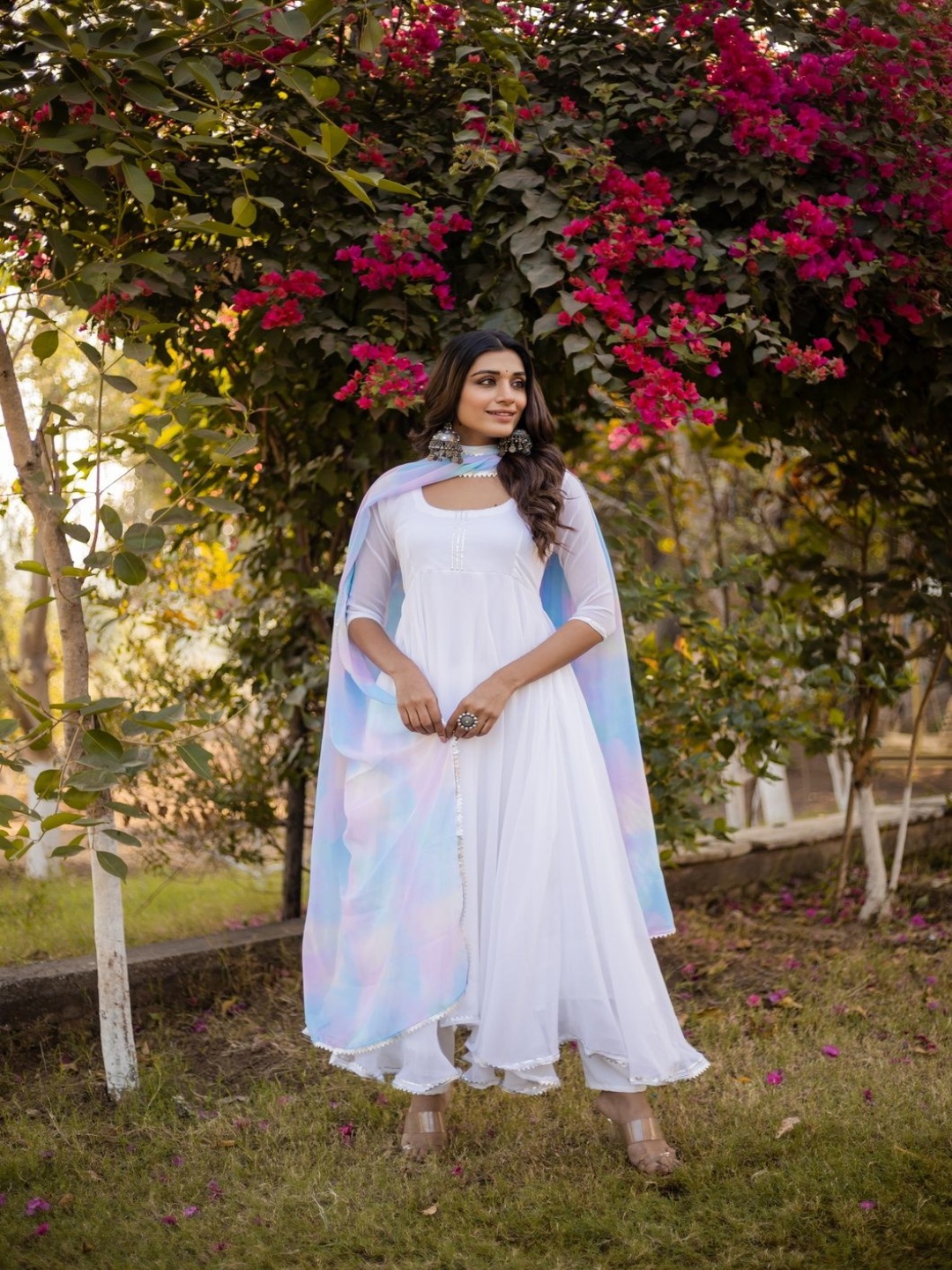 

BYUTIFY Gotta Patti Geogette Anarkali Kurta with Churidar And Dupatta, White