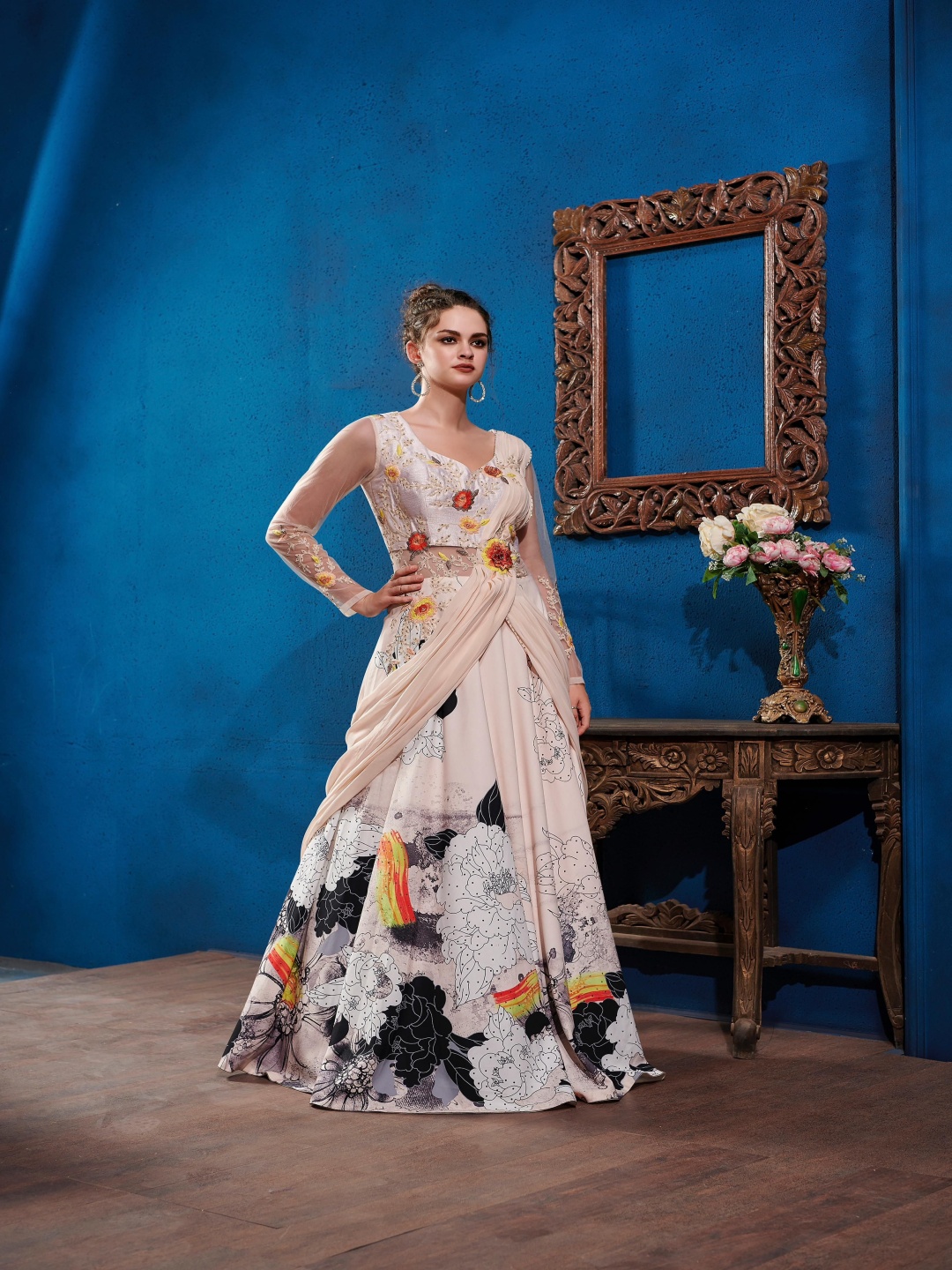 

SAPTRANGI Women Digital Printed Flared Maxi Gown, Peach