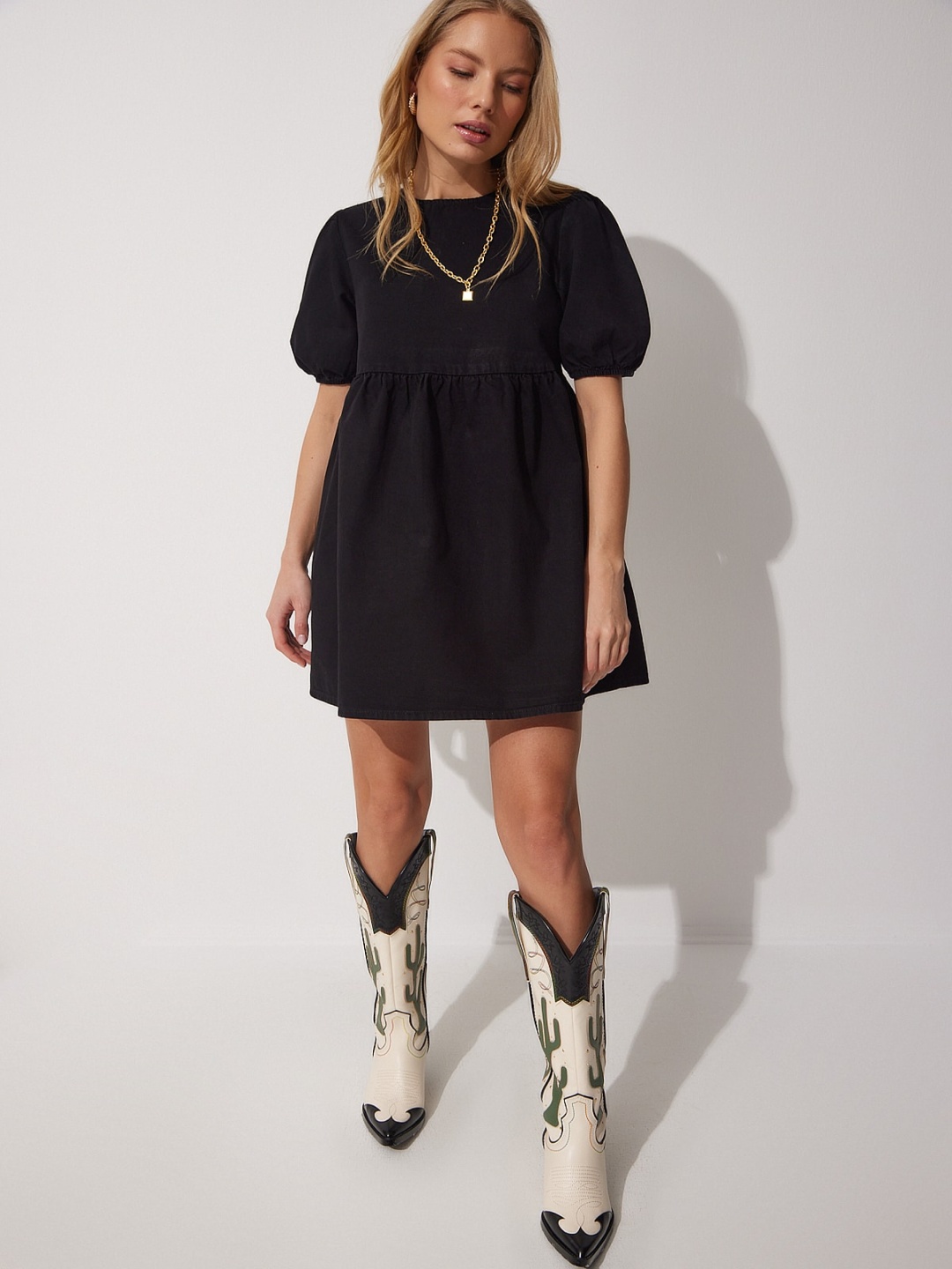 

Happiness istanbul Round Neck Puff Sleeve Gathered Detailed Cotton A-Line Mini Dress, Black