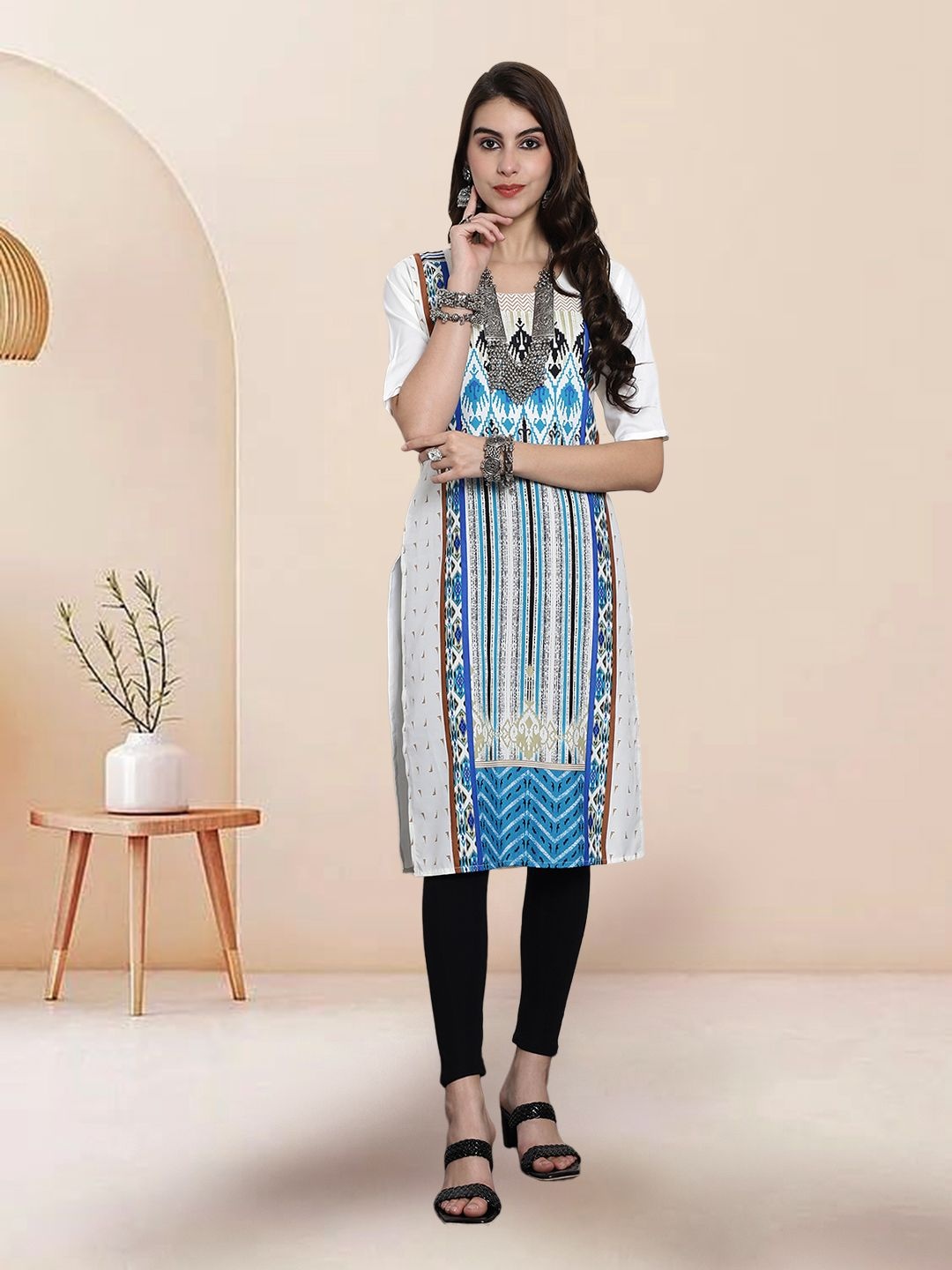 

7Threads Ethnic Motifs Printed Round Neck Straight Kurta, White