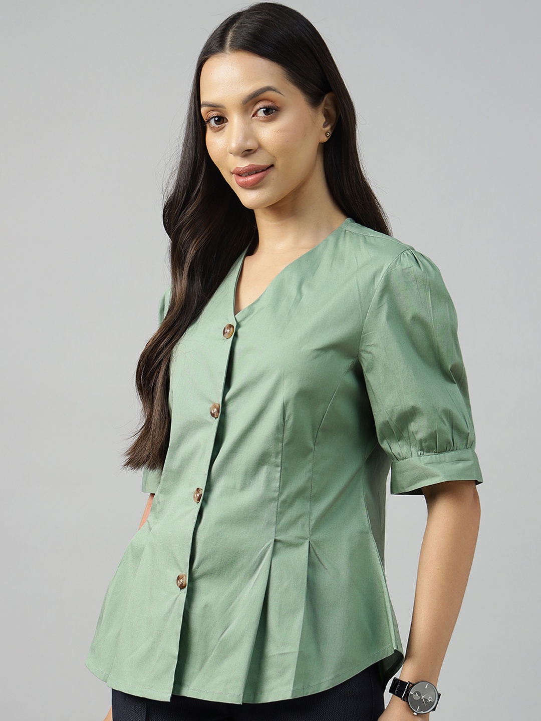 

Hancock Women Classic Pleated Front Opaque Formal Shirt, Olive