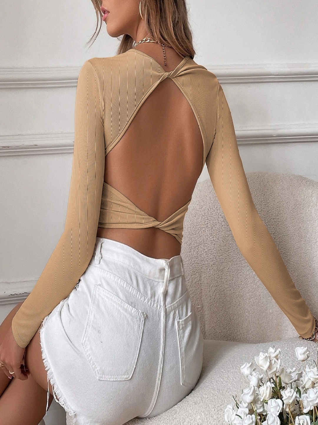 

StyleCast Women Round Neck Styled Back Crop Top, Khaki
