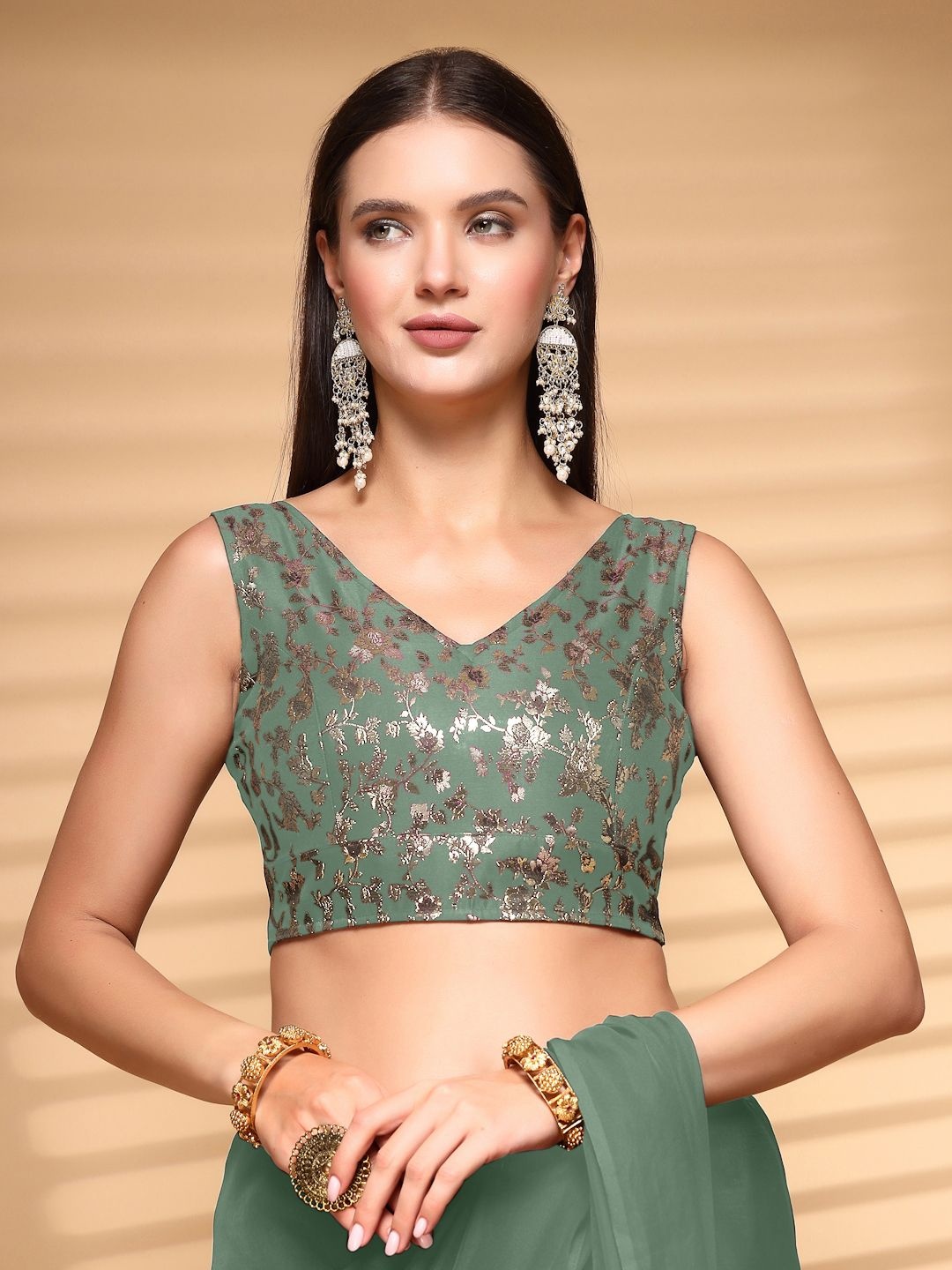

Oomph! Non Padded V Neck Saree Blouse, Green
