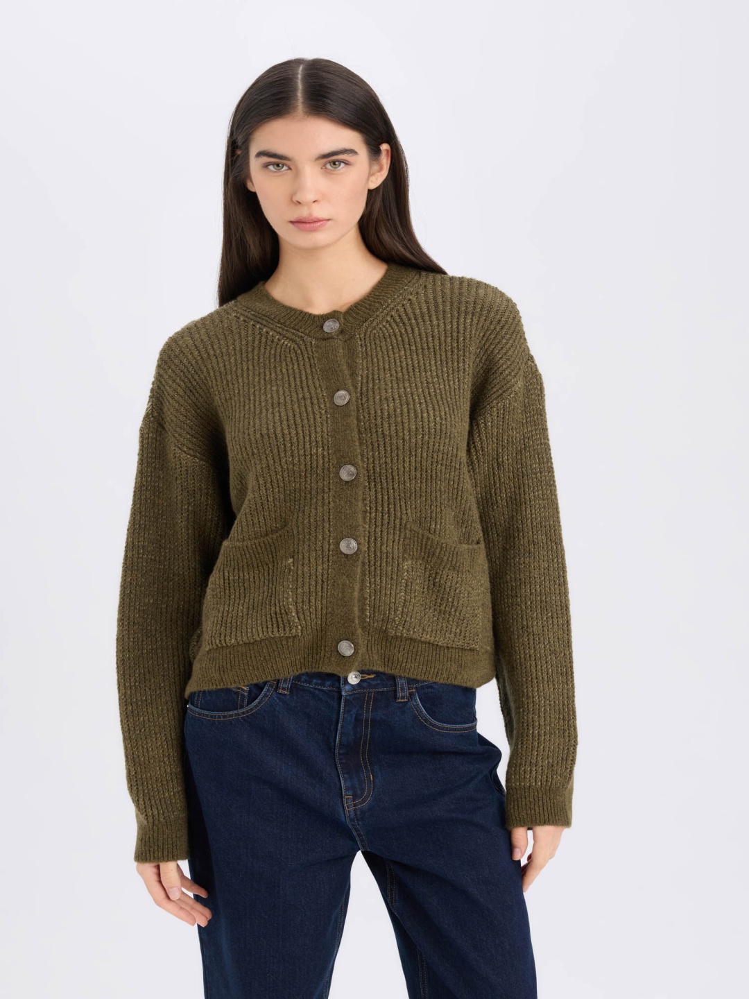 

DeFacto Women Ribbed Cardigan, Olive